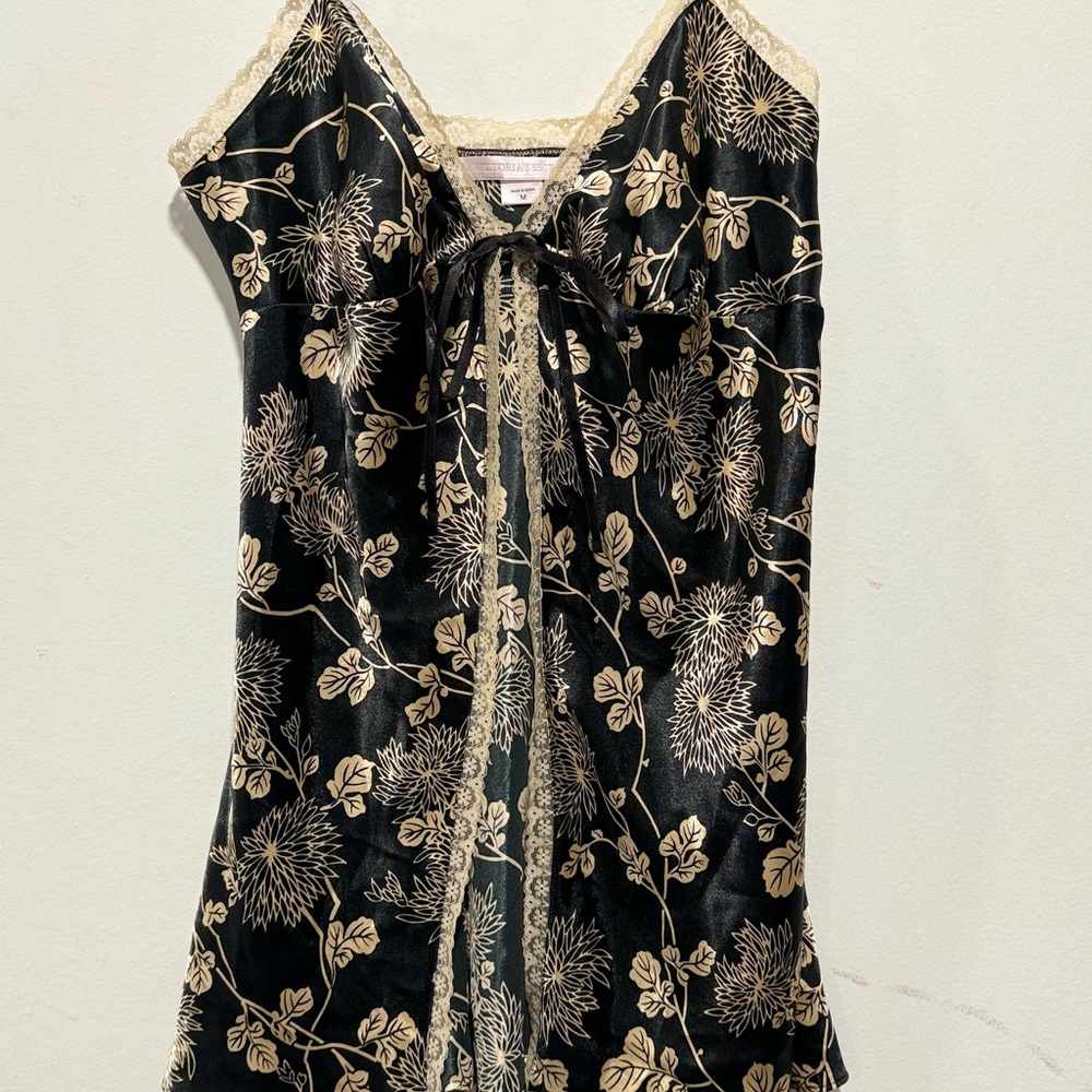 Victoria's Secret Black and Cream Floral Satin Top